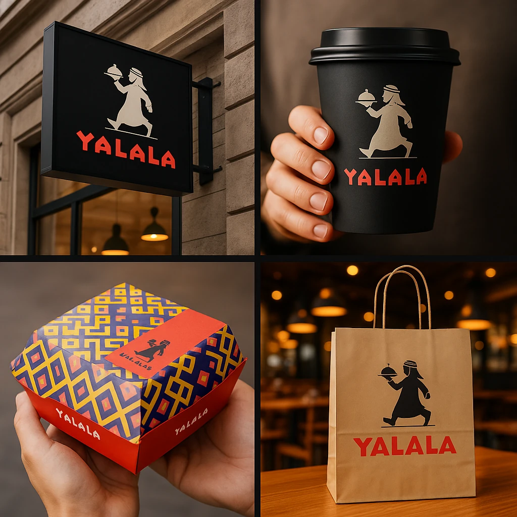Yalala F&B branding across storefront sign, cup, takeout box, and paper bag